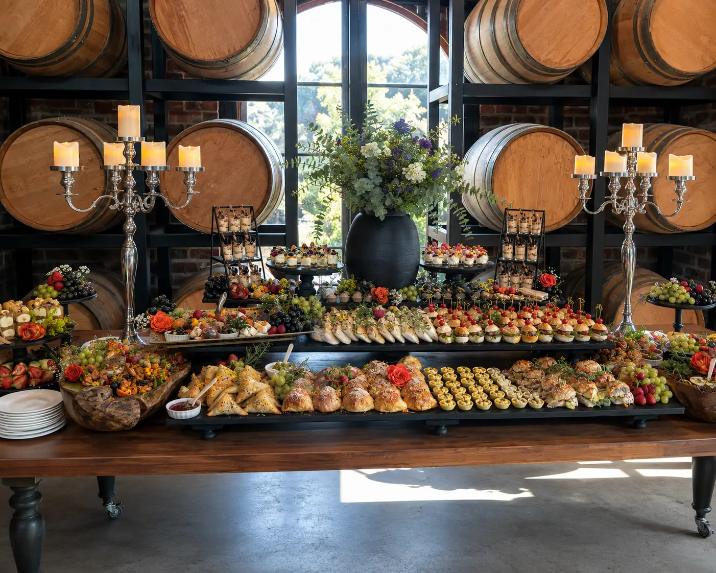 Catering table with assorted appetizers, fruits, desserts, candles, and flower centerpiece in front of wine barrels.