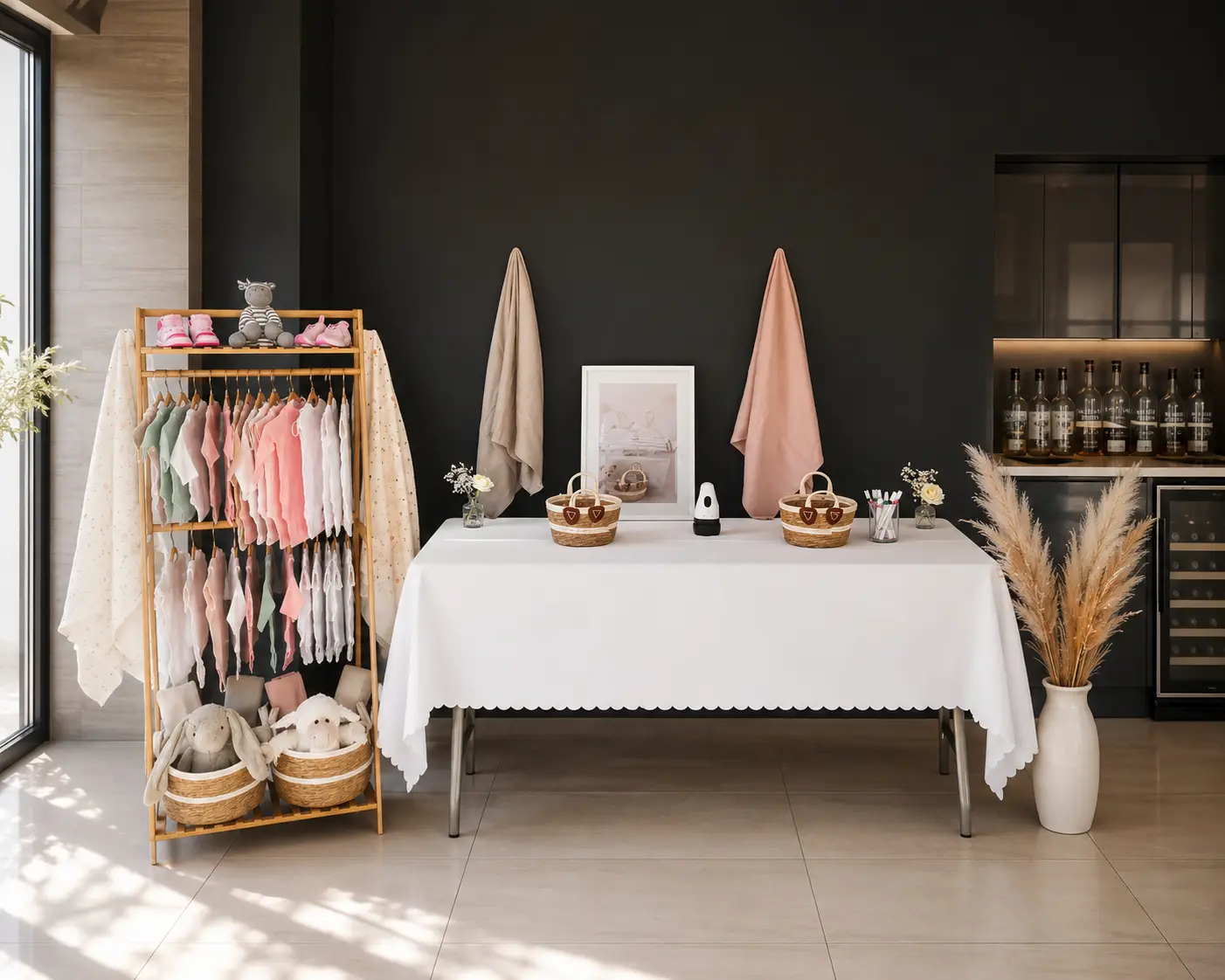 Display of baby clothes, plush toys on wooden rack, and table with baskets and decorative items.