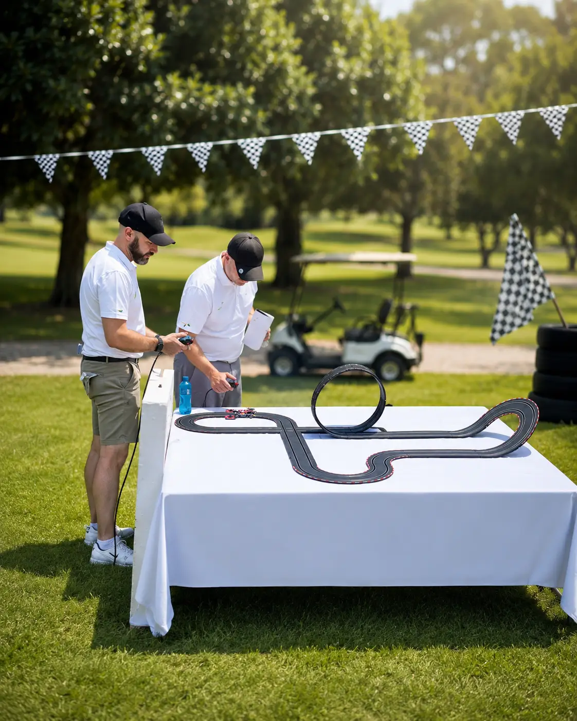 Two men control small race cars on a slot car track set on a white table outdoors on green grass.