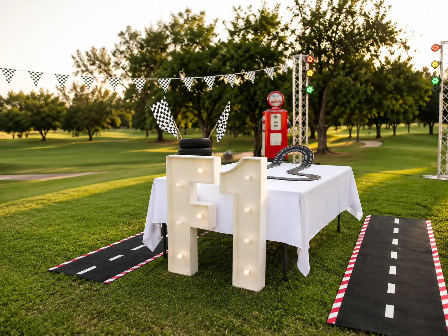 Outdoor racing themed setup with large lit F1 letters, checkered flags, mini track, and vintage gas pump.